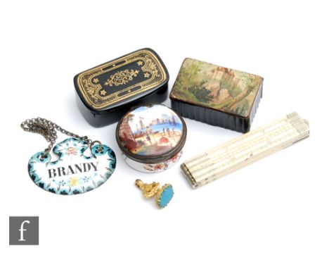 A 19th Century papier mache snuff box, a similar snuff box with a design of a chateau, a porcelain and enamel box with mirror