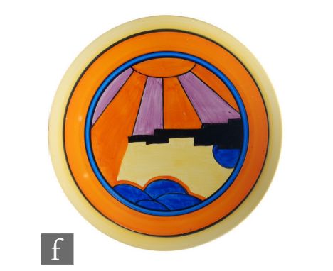 A small Clarice Cliff dish form plaque/plate circa 1929, hand painted in the Sunray (Night &amp; Day)&nbsp; pattern with a sk