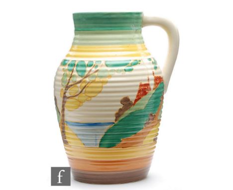 A Clarice Cliff 12 inch single handled Lotus jug circa 1933, hand painted in the Secrets pattern with a stylised tree and cot