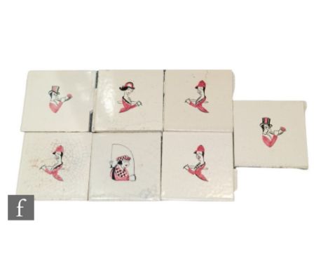 Seven Carter's Poole Pottery 6 inch tiles each decorated with a stylised caricature of a sporting figure from the Chase set d