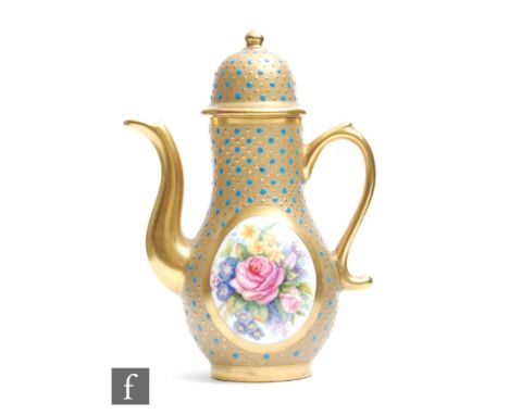 A small contemporary coffee pot decorated by former Royal Worcester Frank Clark and gilder Ken Russell, decorated with a hand