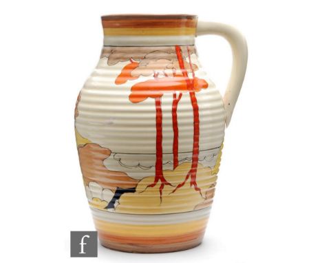 A Clarice Cliff 12 inch single handled Lotus jug circa 1933, hand painted in the Coral Firs pattern with a stylised tree and 
