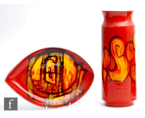 A Poole Pottery shape 93 Delphis vase, height 31.5cm, together with a Poole Pottery shape 91 spear shaped dish decorated by C