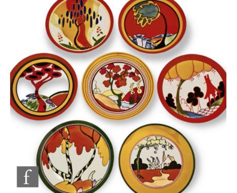 A collection of later 20th Century Wedgwood for Bradford Exchange wall plates after designs by Clarice Cliff to include Red T