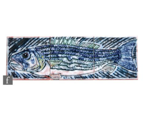 A later 20th Century Tony Morris for Poole Studio three 6in tile panel decorated with a salmon, painted monogram to the rever