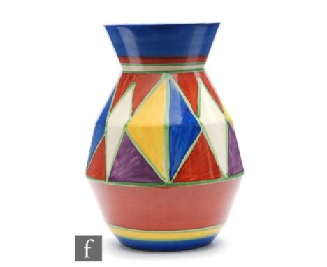 A Clarice Cliff shape 360 vase circa 1930, hand painted in the Original Bizarre pattern with repeat panels of diamonds and tr