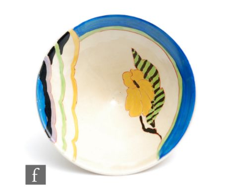 A small Clarice Cliff conical bowl circa 1930, transfer printed and painted in the Ladore pattern with a stylised flower with