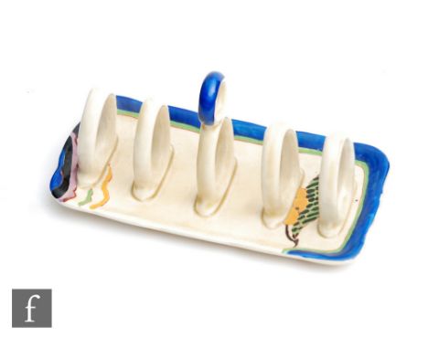 A Clarice Cliff five bar toast rack circa 1929, in the Lodore pattern, of fluted rectangular section, transfer printed and pa