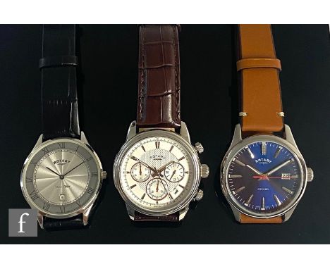 Three gentleman's stainless steel, quartz Rotary wrist watches to include a Monaco chronograph examples, no boxes or papers. 