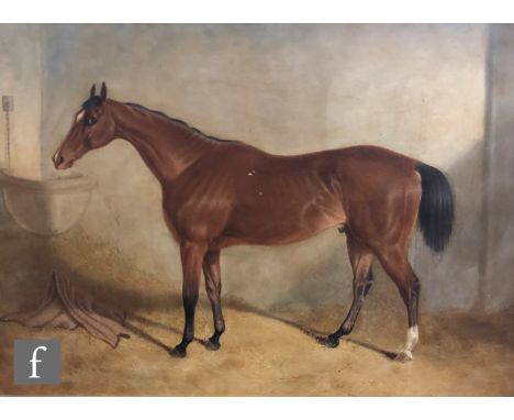 J. B. TRUMAN (LATE 19TH CENTURY) - Portrait of a bay hunter in a stable, oil on canvas, signed indistinctly, framed, 46cm x 6