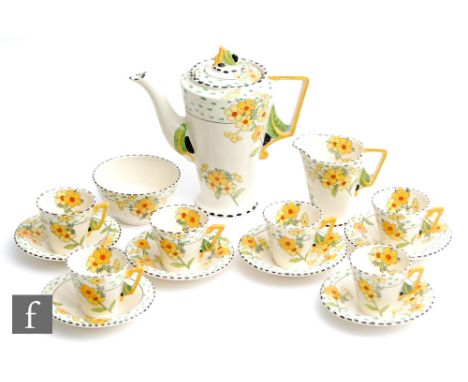 A 1930s Burleigh Ware coffee set decorated in the Golden Days pattern, comprising coffee pot, milk jug, sugar bowl and six cu