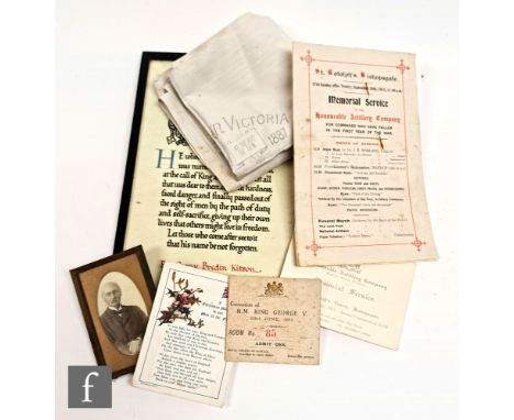 A printed handkerchief for the 1887 Jubilee, a ticket stub for the Coronation of George V 1911 and a collection of memorabili