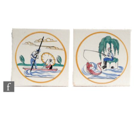 Two Carter's Poole Pottery 6 inch tiles from the Sporting series designed by Edward Bawden, comprising 'Punting' and 'Fishing
