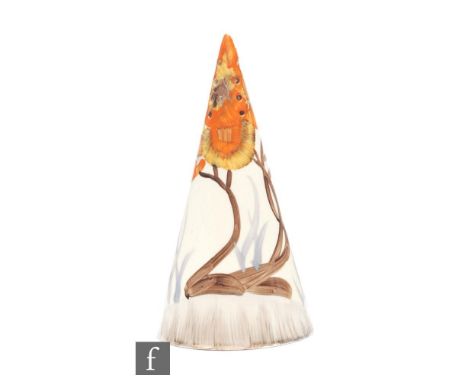 A Clarice Cliff Conical shape sugar sifter circa 1934, hand painted in the Rhodanthe pattern with a stylised tree landscape, 
