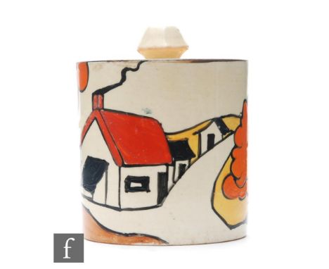 A Clarice Cliff small size drum shaped preserve pot and cover, hand painted in the House &amp; Bridge pattern with a stylised