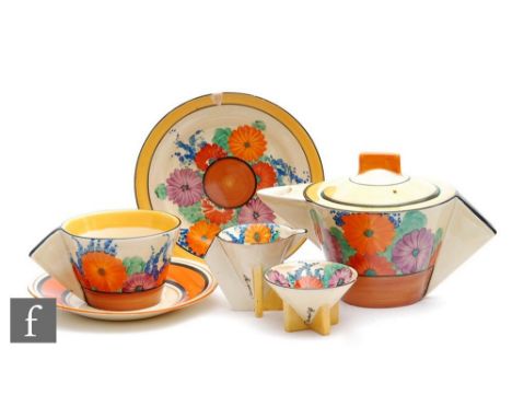 A Clarice Cliff Conical early morning breakfast or bachelor set circa 1929 hand painted in the Gay Day pattern, comprising te