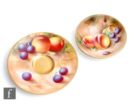 A small Royal Worcester Fallen Fruits pin dish decorated by Roberts with hand painted peaches and cherries, signed, black pri