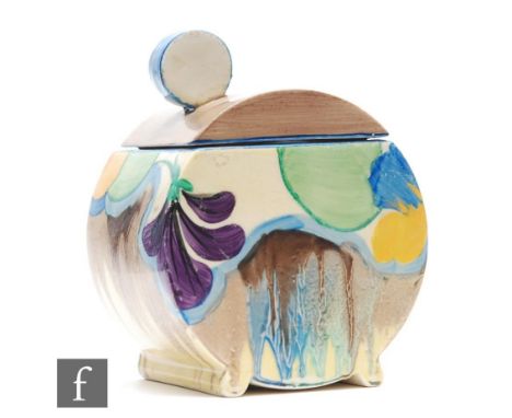 A Clarice Cliff Bon Jour shape preserve pot and cover circa 1932, hand painted in the Delecia Pansies pattern with flowers an