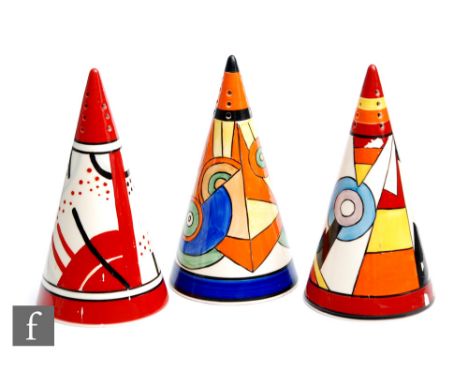 A group of three later 20th Century Wedgwood reproduction Clarice Cliff Conical sugar sifters made for the Clarice Cliff Coll