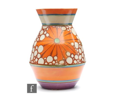 A Clarice Cliff shape 360 vase circa 1930, hand painted in the Broth pattern with a band of star burst motifs and bubbles bet