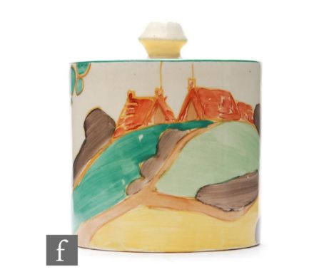 A Clarice Cliff drum shaped preserve pot and cover circa 1932, hand painted in the Secrets pattern with a stylised tree and c