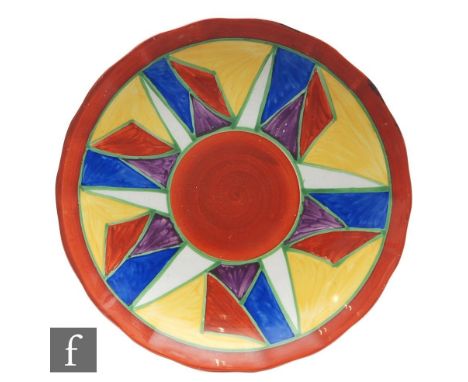 A Clarice Cliff large circular wave edge plated circa 1927, radially hand painted in the Original Bizarre pattern with a cart