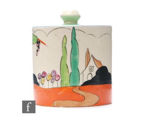 A Clarice Cliff drum shaped preserve pot and cover circa 1930, hand painted in the Applique Idyll pattern with Crinoline Lady