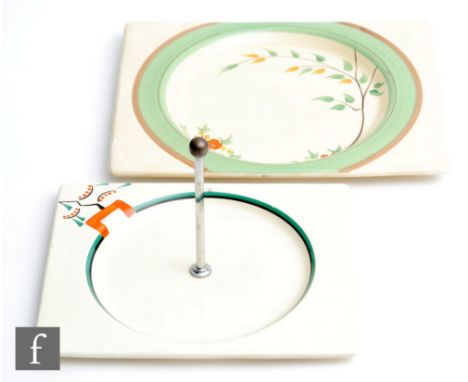 A large Clarice Cliff Biarritz dinner plate circa 1938, hand painted in the Dry Day pattern with a stylised tree with green a