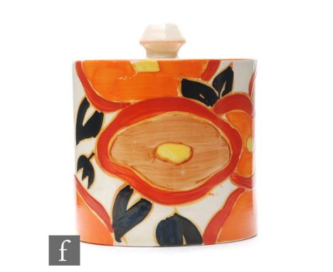 A Clarice Cliff drum shaped preserve pot and cover circa 1932, hand painted in the Orange Chintz pattern with stylised flower