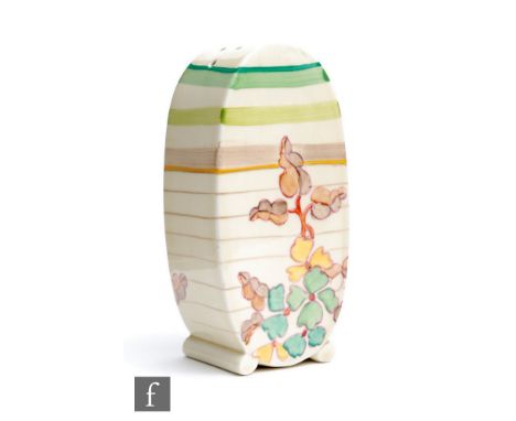 A Clarice Cliff Bon Jour shape sugar sifter circa 1933, hand painted in the Green Hydrangea pattern with stylised flowers and