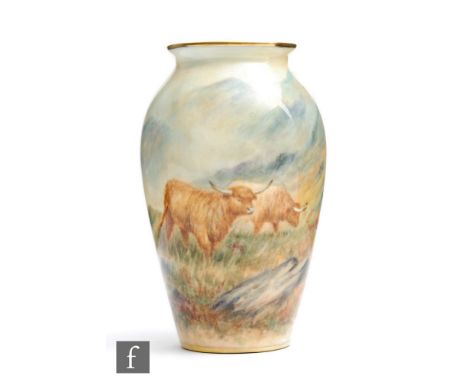 A small later 20th Century vase panel decorated by former Royal Worcester artist Frank Clark with hand painted Highland Cattl