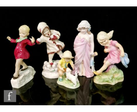 Five assorted Royal Worcester figurines modelled by Freda Doughty comprising Katie's Day Bathtime, Christopher, December, Mar