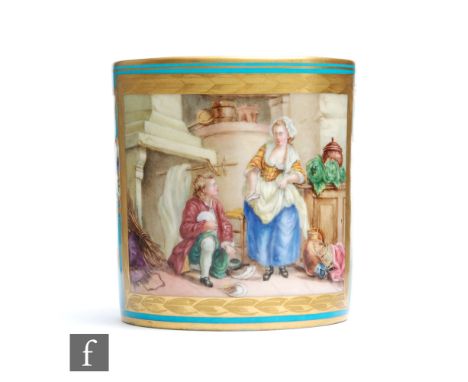 A 19th Century Sevres coffee can decorated with a rectangular hand painted cartouche panel depicting a lady and gentleman in 