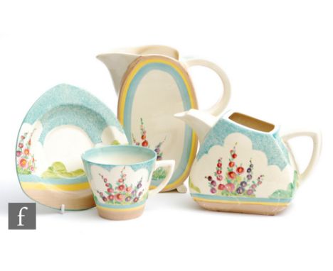 A Clarice Cliff Bon Jour shape jug circa 1936, hand painted in the Hollyhocks pattern with a spray of flowers within buff, ye