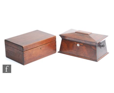 A 19th Century rosewood sarcophagal shaped tea caddy, lacking interior containers and mixing bowl, width 36cm and an oak deed