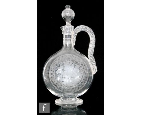 A 19th Century Stourbridge claret jug, possibly Richardsons, circa 1880 of footed moon flask form with slender neck, rope twi