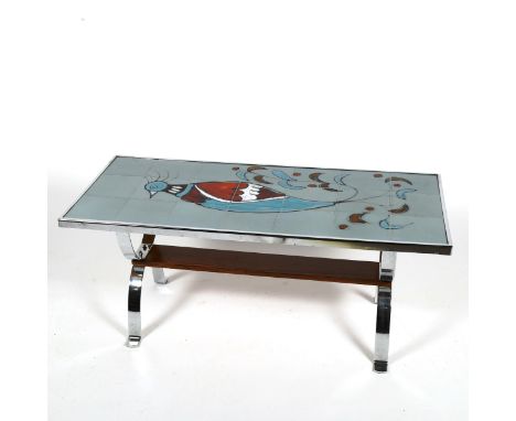 A Mid-Century tile-top coffee table, with steel frame,  106 x 46 x height 46cm.One plain tile to corner is cracked, some pitt