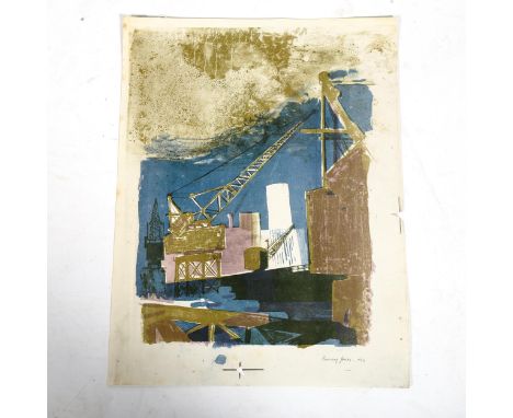 BARRY JONES, a lithograph print of a dockyard scene, signed and dated 1962, unframed, 50cm x 38cmSome foxing and minor paper 