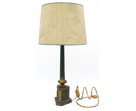 A vintage gilt metal and painted table lamp raised on fluted Classical column on decorative socle with stepped base. H.61cm 