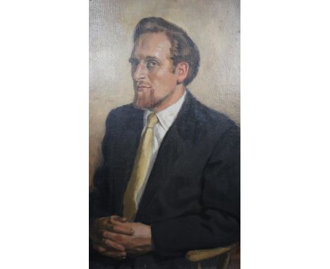 Derek Chittock (1922?1986)- A framed oil on board portrait of Roger Woddis Esq. Label verso. H.77 W.65 