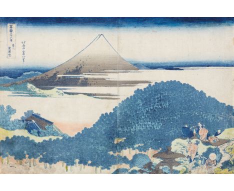 Ôban. Series: Fugaku sanjurokkei. Title: Aoyama. Enza-no-matsu. Picnic near the Cushion Pine at Aoyama. Signed: Hokusai arata