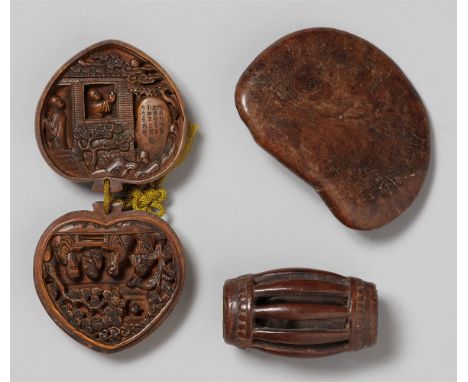 Verschiedene Motive, u.a.: Pfirsich, in der Art einer Dose zu öffnen, im Inneren Figurenszenen in Relief und Gedicht, zwei Pi