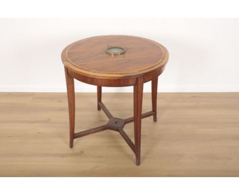 A SHIP'S '1ST CLASS WRITING ROOM' TABLE WITH INSET COMPASS FROM THE CUNARD LINER 'S.S. SCYTHIA'circa 1920's, the circular top