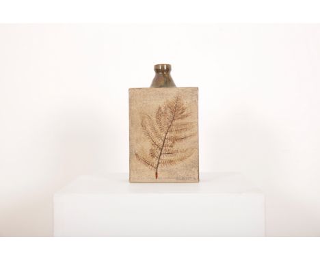 A MID CENTURY STUDIO POTTERY SLAB FORM ELECTRIC TABLE LAMP BASEthe sides impressed with bracken, 33cm high