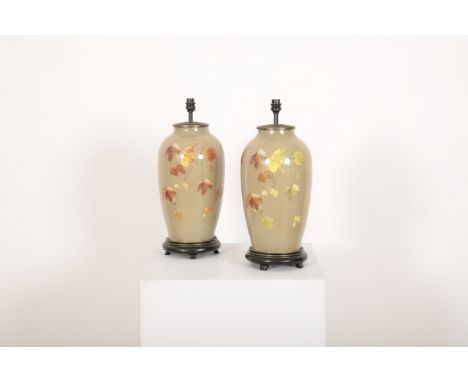 A PAIR OF TALL BALUSTER TABLE LAMPS BY JENNY WORRALLdecorated with Autumnal vine leaves, akin to Japanese Ginbari cloisonne e