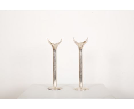 A PAIR OF ITALIAN SILVER PLATED BUD VASE OR CANDLEHOLDERS BY GUIDO NIEST32cm high (2)