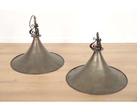 TWO LAMP SHADES FROM A SNOOKER TABLE LIGHT FITTINGEdwardian or later, two with scrolled tops and hammered surfaces, 42cm high