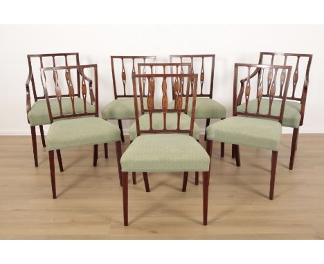 A SET OF EIGHT EDWARDIAN MAHOGANY DINING CHAIRS&nbsp;including two armchairs, inlaid with boxwood stringing and shell patera,