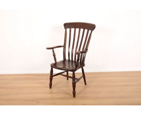 AN ELM AND BEECH HIGH BACKED WINDSOR CHAIR19th century, five slat backed with 'H' stretcher, terminating on turned feet, 113c