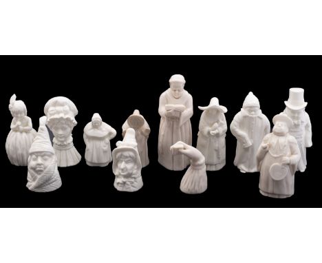 Twelve Royal Worcester porcelain candle extinguishers, in the white, all but two unmarked, comprising Mr and Mrs Caudle, The 